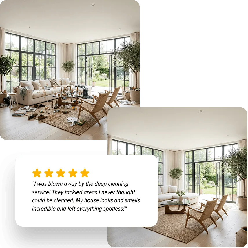 Two living-room photos with a five-star customer review card: before and after a deep clean
