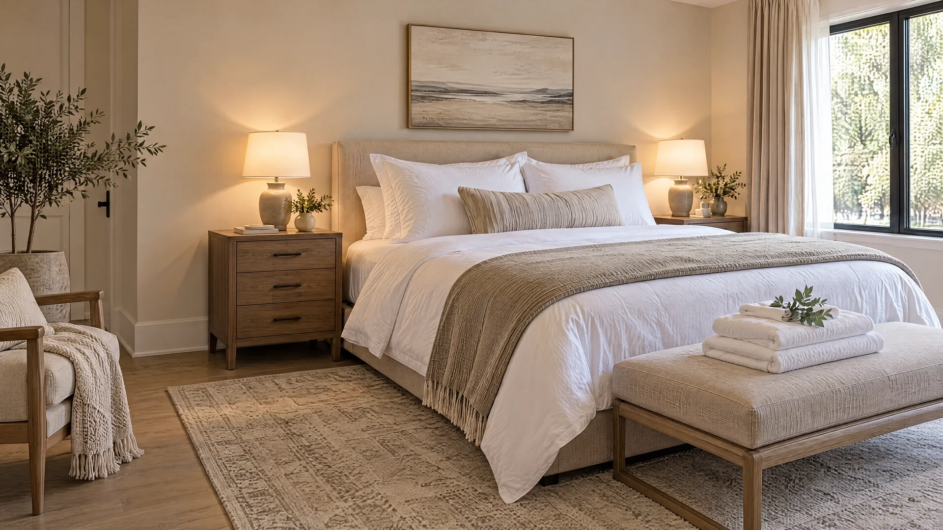 Illustrative AI-generated inviting guest bedroom with freshly made white bedding and neatly folded towels