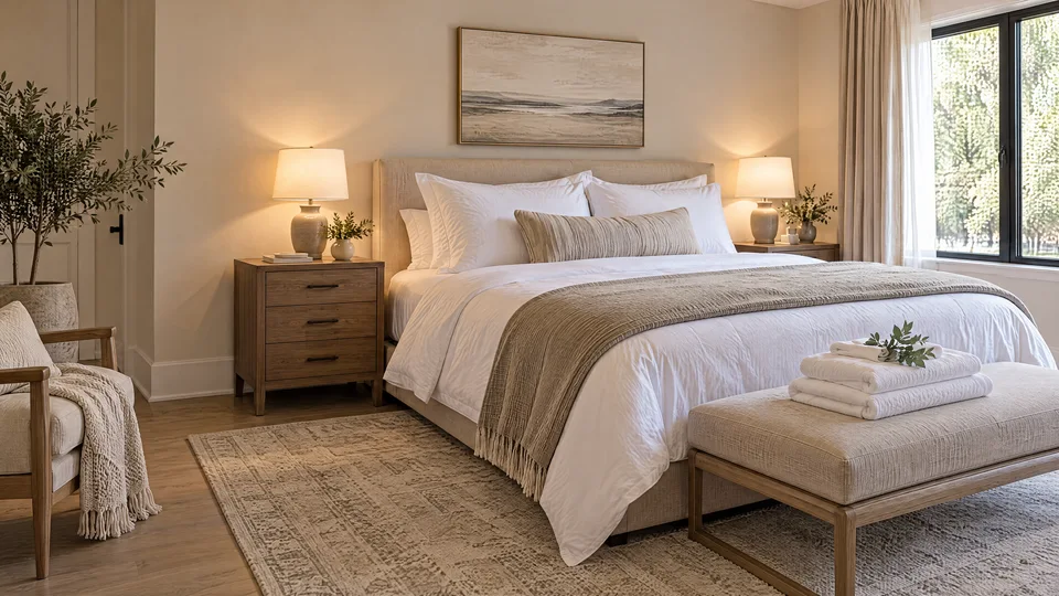 Illustrative AI-generated inviting guest bedroom with freshly made white bedding and neatly folded towels