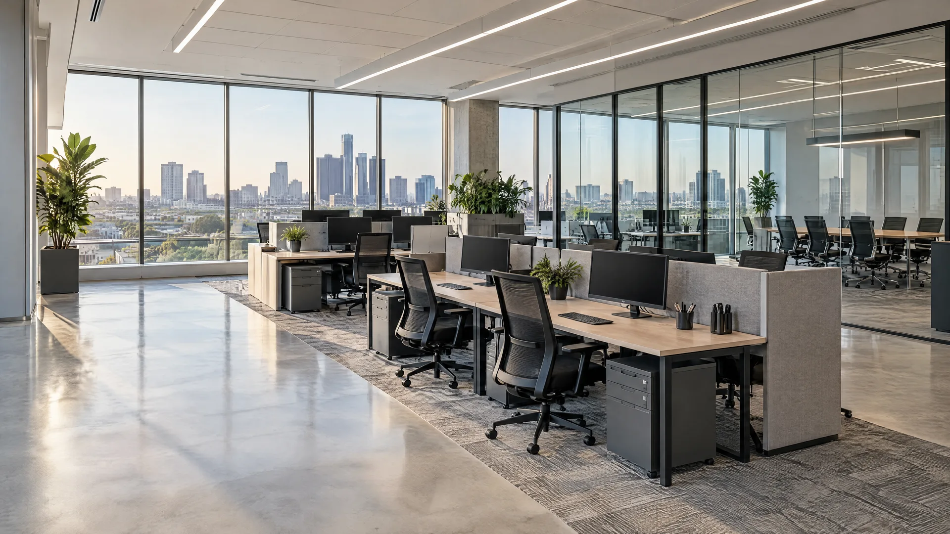 Illustrative AI-generated corporate office with workstations, computer monitors and a glass-walled meeting room