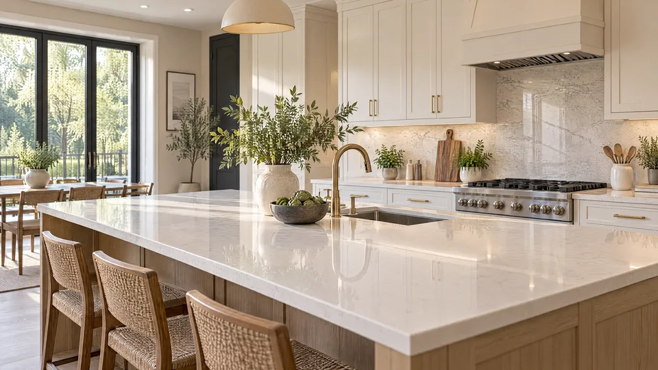 Illustrative AI-generated cream kitchen with clean quartz counters, pale cabinetry and natural light