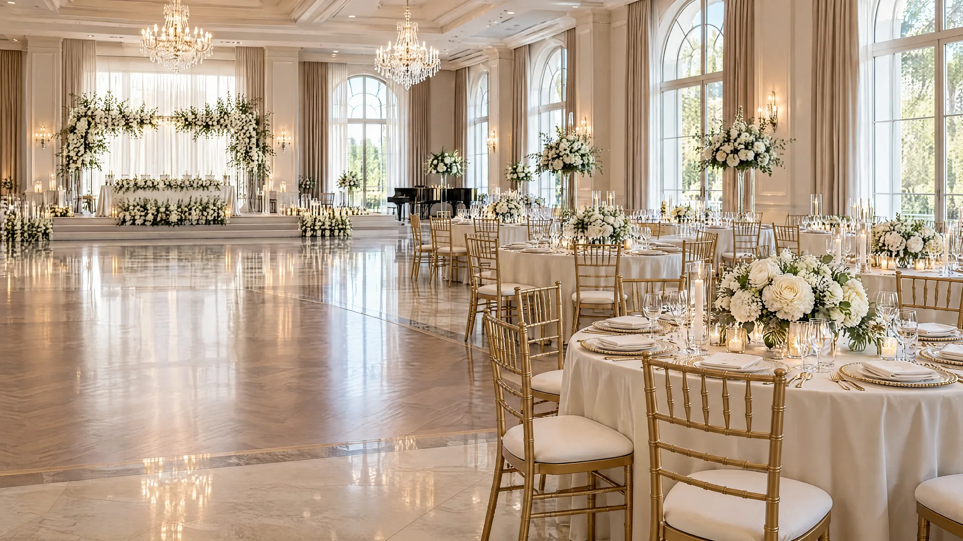 Illustrative AI-generated wedding reception venue with banquet tables, chandeliers and floral arrangements