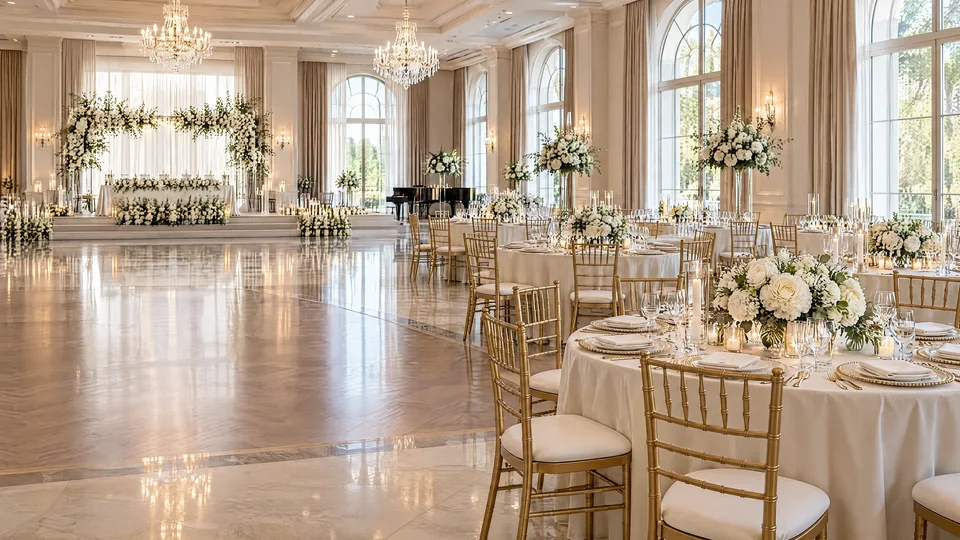 Illustrative AI-generated wedding reception venue with banquet tables, chandeliers and floral arrangements