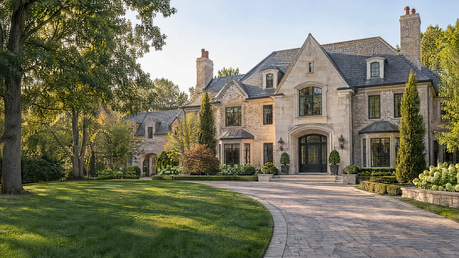 Illustrative AI-generated exterior of a landscaped luxury mansion with a stone facade and manicured grounds