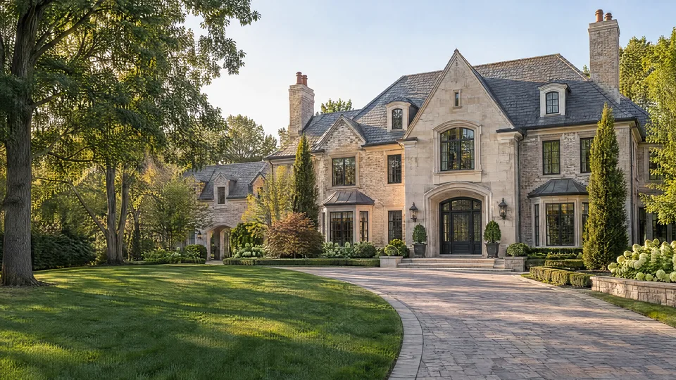 Illustrative AI-generated exterior of a landscaped luxury mansion with a stone facade and manicured grounds
