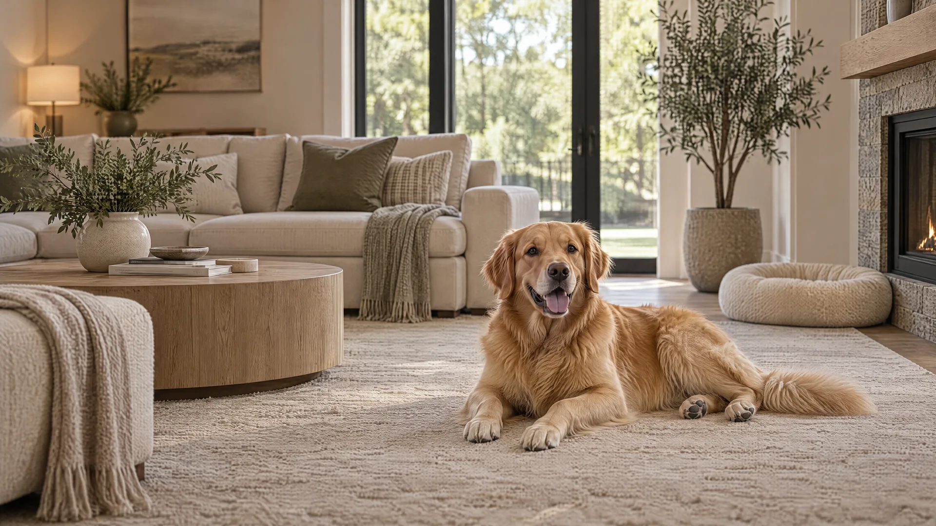 Illustrative AI-generated golden retriever resting on a clean rug in a warm neutral living room