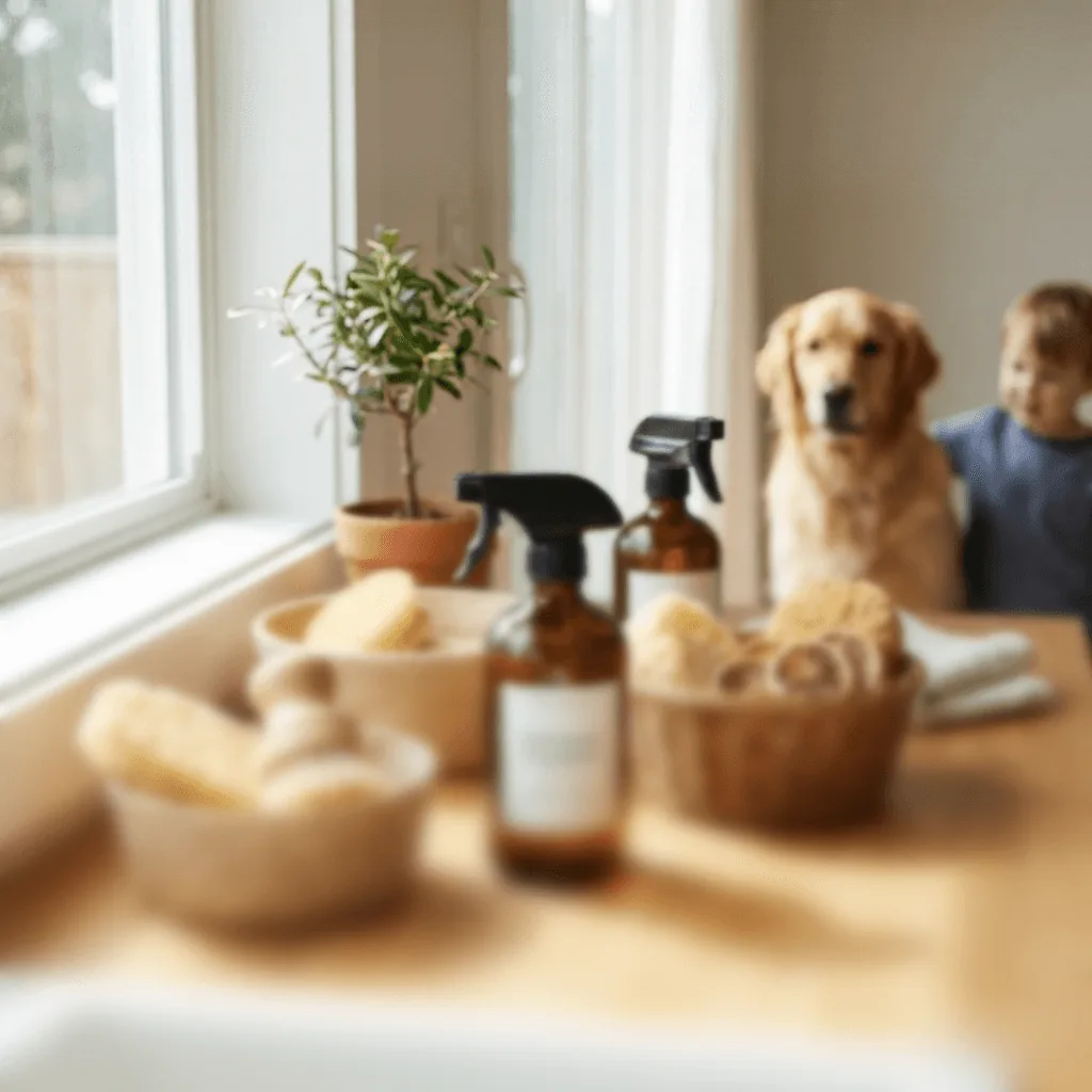 Non-toxic cleaning products in amber bottles on a sunny windowsill, with a golden retriever behind